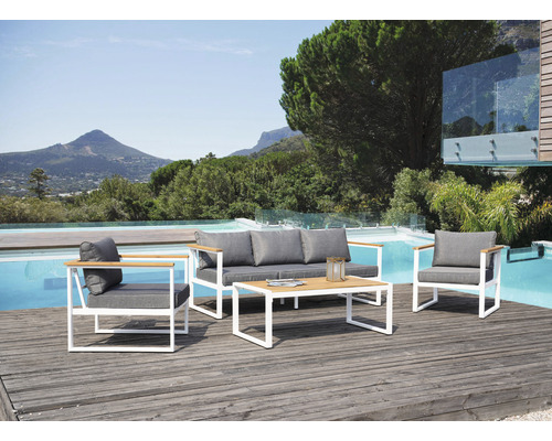 Lina 5-persoons tuinset bestaande uit: bank, tafel, 2 fauteuils, aluminium, houtlook, wit