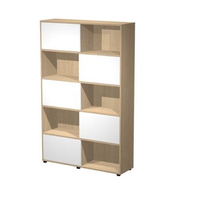 Bibliothèque haute à porte coulissante - L120 x H190,6 x P35 - Corps chêne - Portes blanches