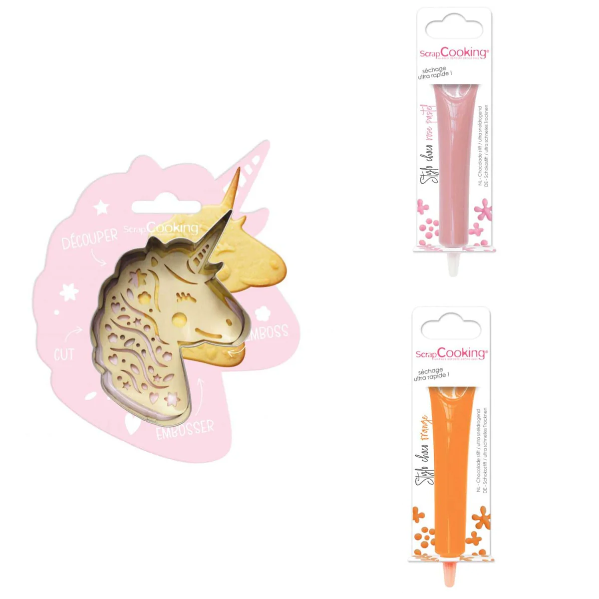 Kit pour biscuit en relief Licorne + 2 Stylos au chocolat rose pastel