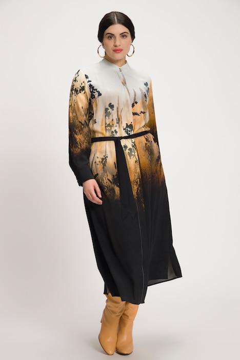 Kleid, Farbverlauf, Bindegürtel, Stehkragen, Langarm