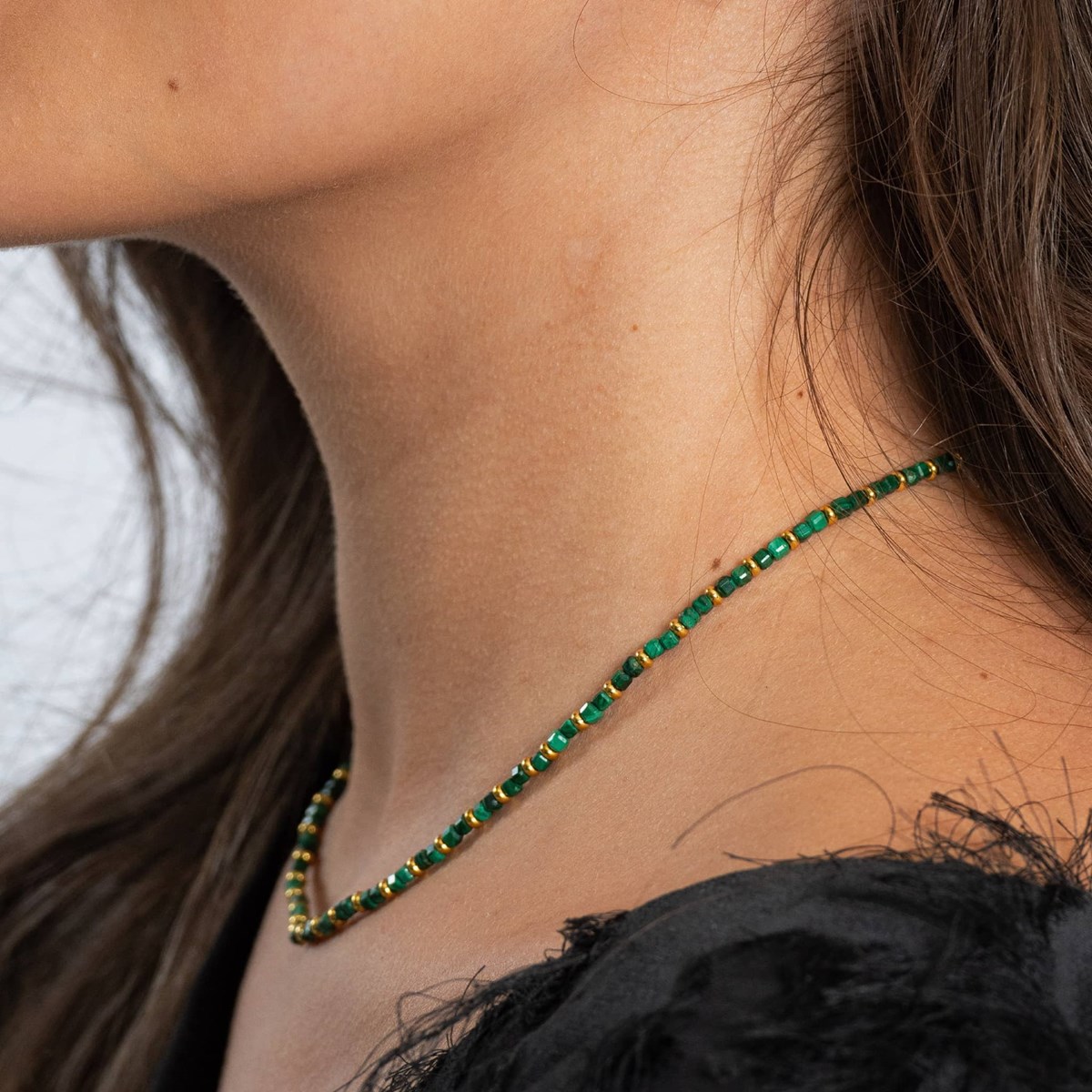 Collier, bracelet et boucles d'oreilles Karia en pierres Malachite
