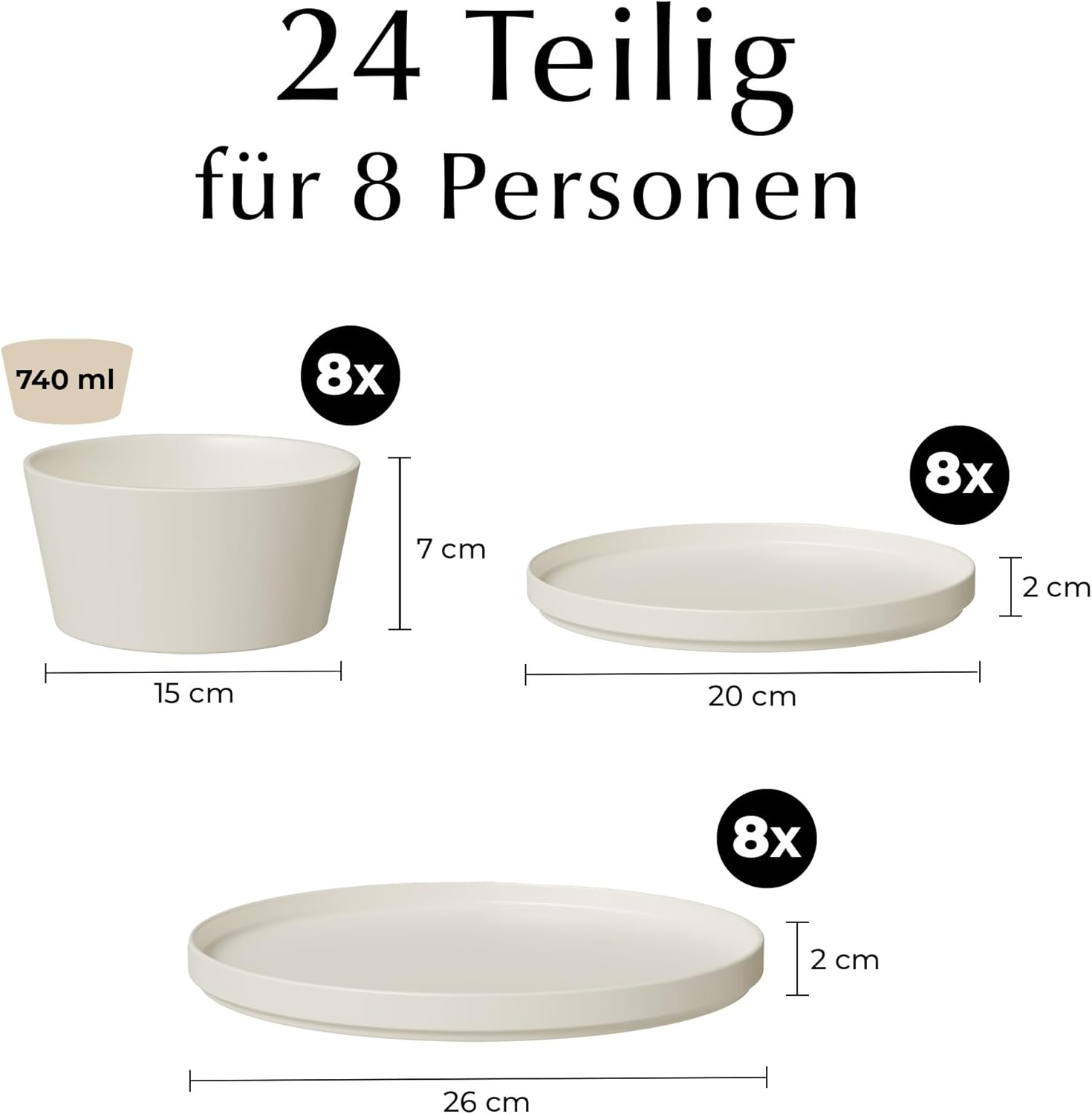 MIAMIO – Geschirrset 8 Personen / 24-teiliges Steingut Modern/Tafelservice – Spülmaschinen- und Mikrowellenfest - Luxe Kollektion (Weiß, Geschirrset (24x))