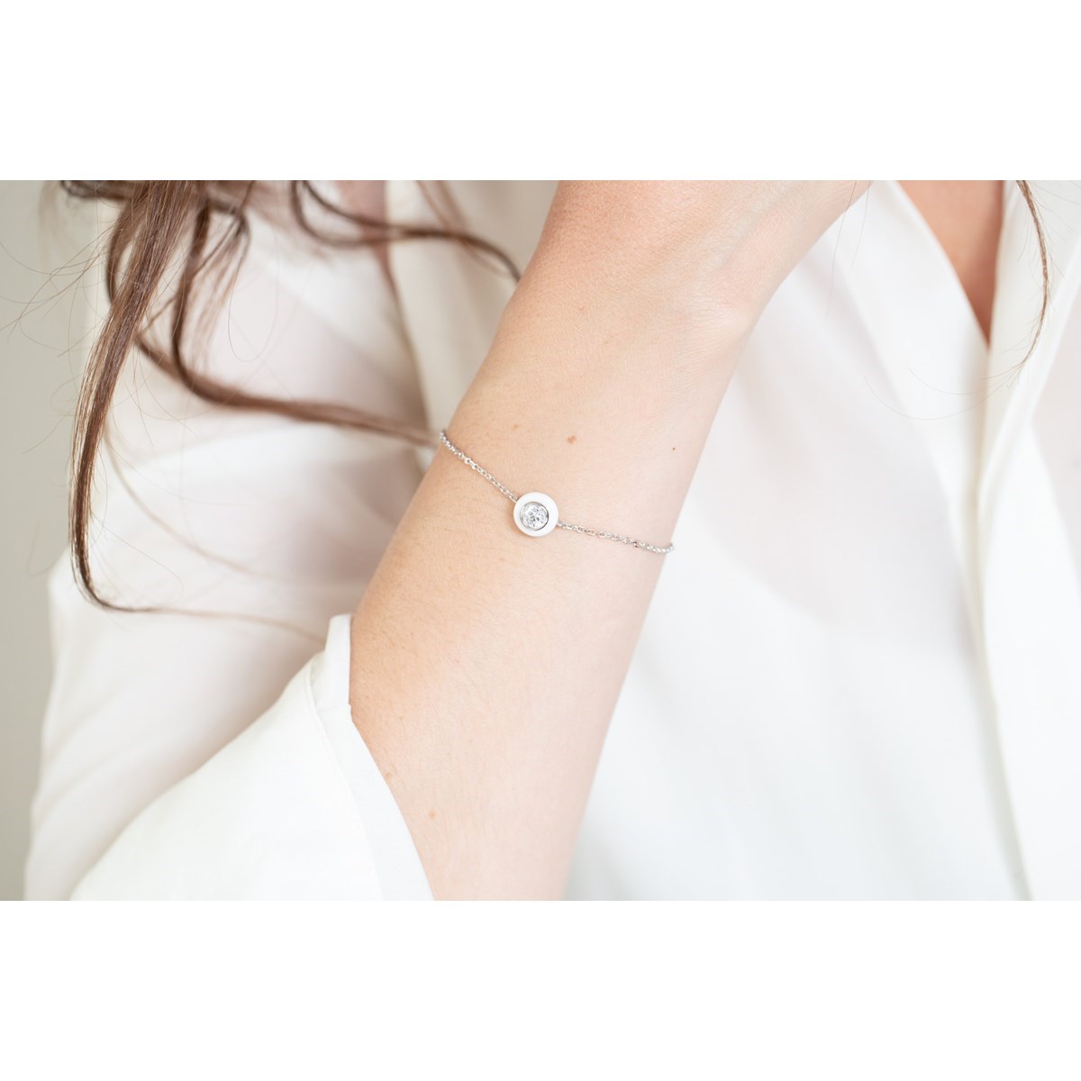 Bracelet souple mono-motif en Argent 925 millièmes et céramique - blanc brillant