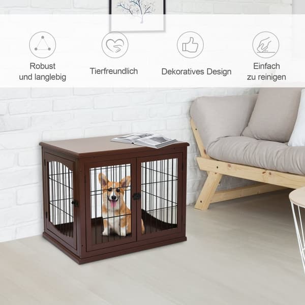 Hundebur til hjemmet, hundehus med 2 innganger, låsbar hundebur, hundehus for små hunder, brunt, 58,5 x 81 x 66 cm