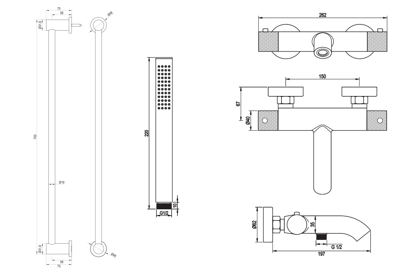 Brauer Brushed Carving thermostatische badkraan met glijstang en staafhanddouche RVS geborsteld PVD
