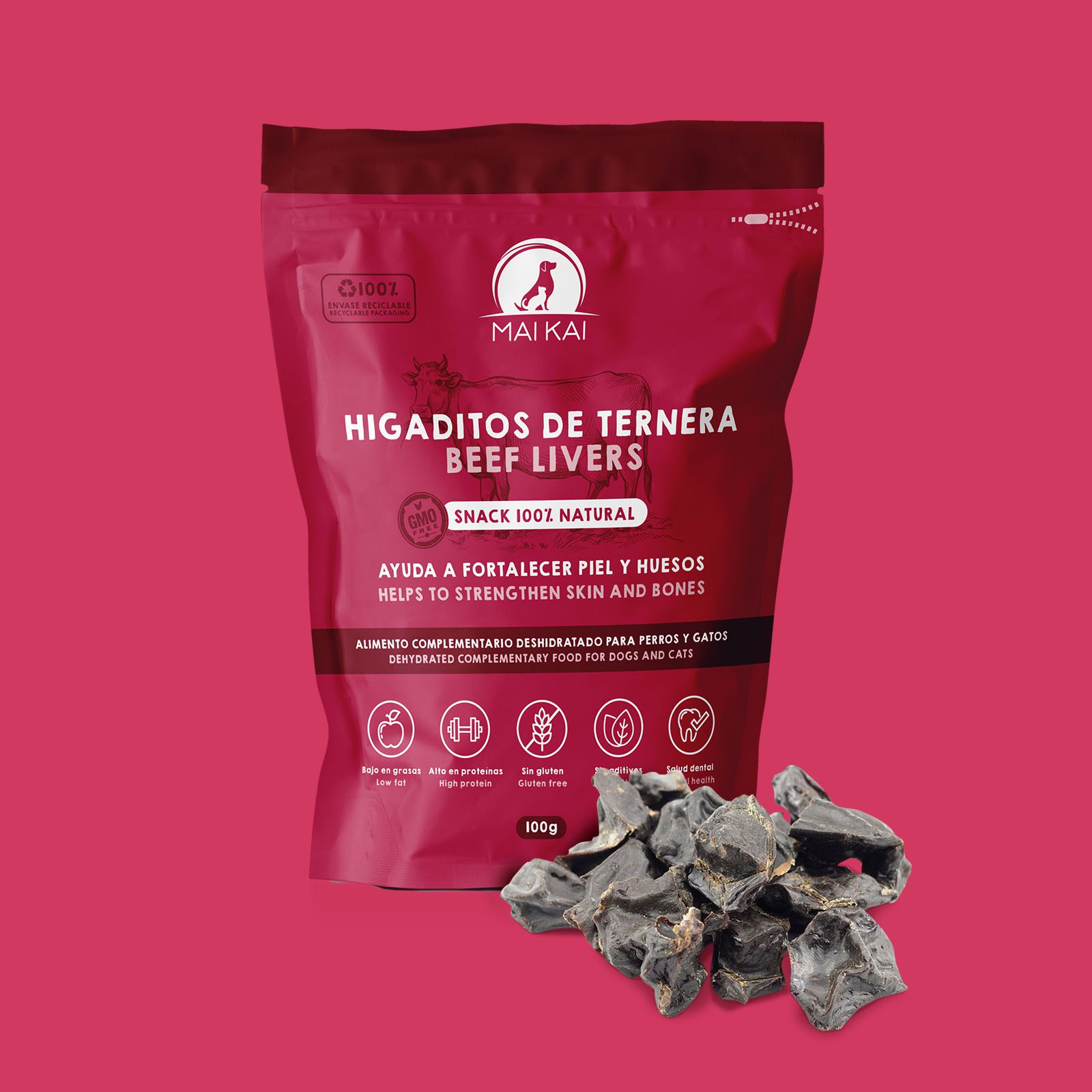 Fígado bovino desidratado. 100g. Petiscos para cães e gatos. 100% Natural. MAIKAI PETS.
