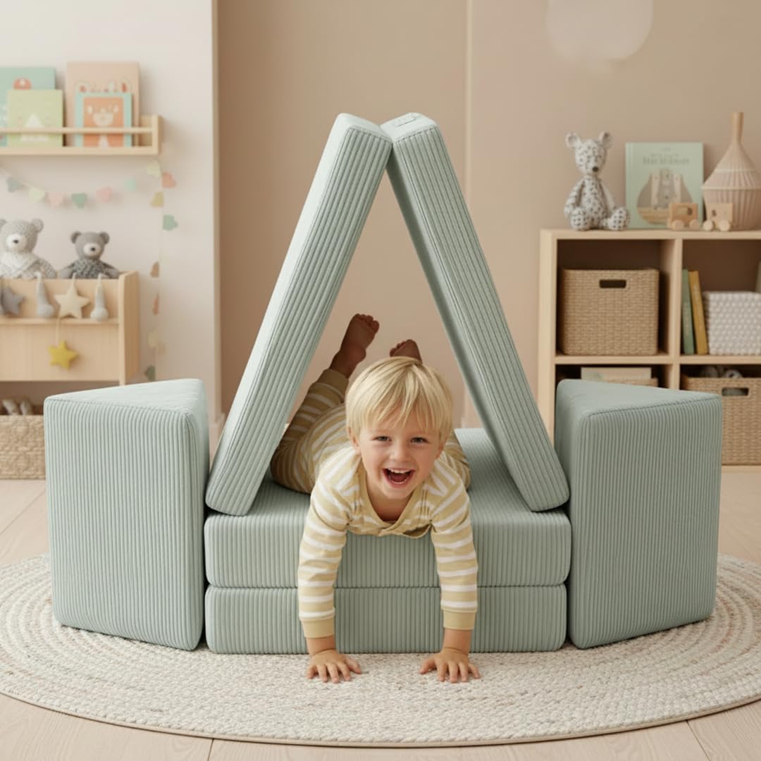 Bellabino Nile Spielsofa für Kinder – Kindersofa Cord in Türkis – Spielesofa aus Schaumstoff Bausteine – modulare Kindercouch ausklappbar – Spielcouch waschbarer Bezug – Sofa Kinderzimmer Kuschelecke