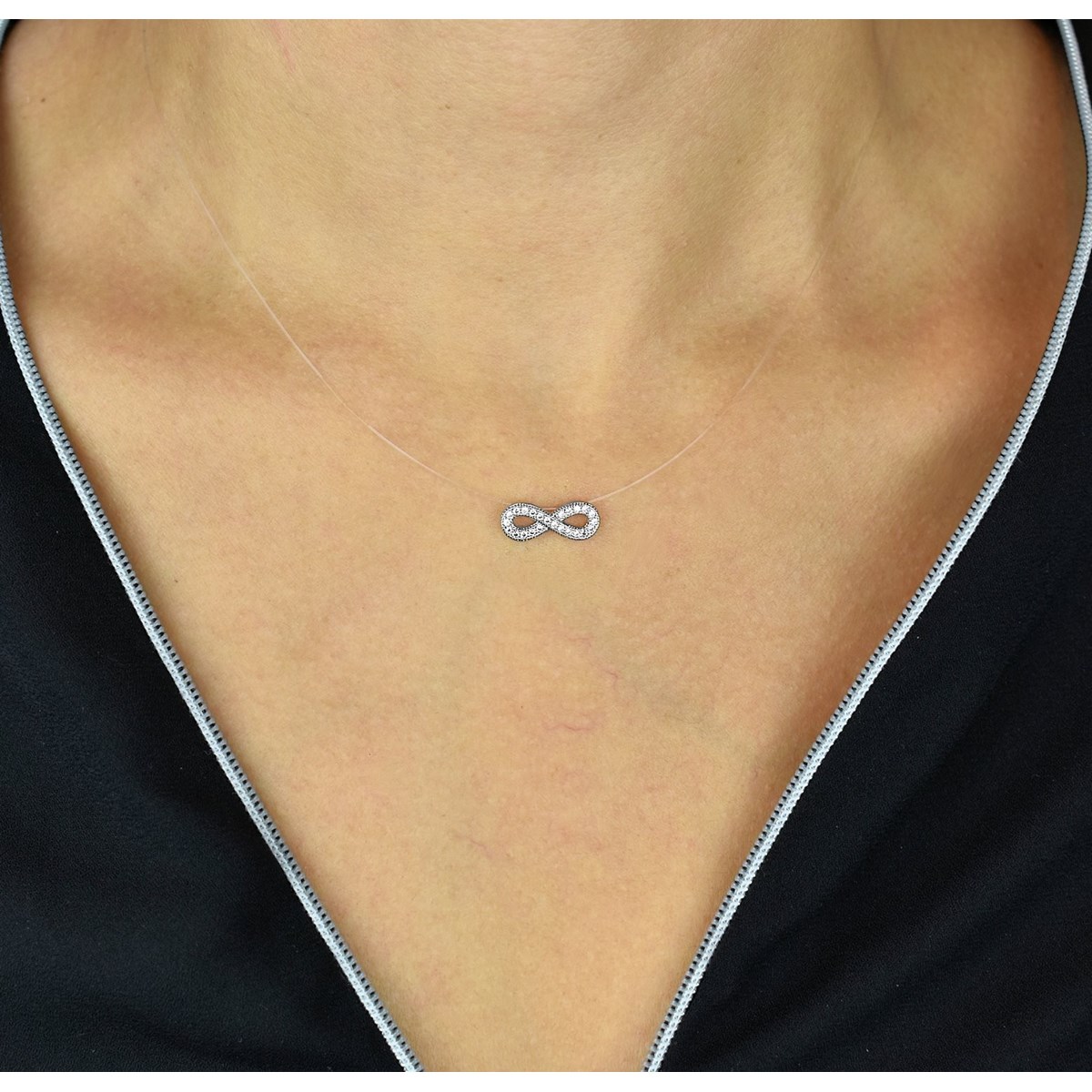 Collier infini d'oxydes de zirconium fil de nylon transparent Argent 925 Rhodié