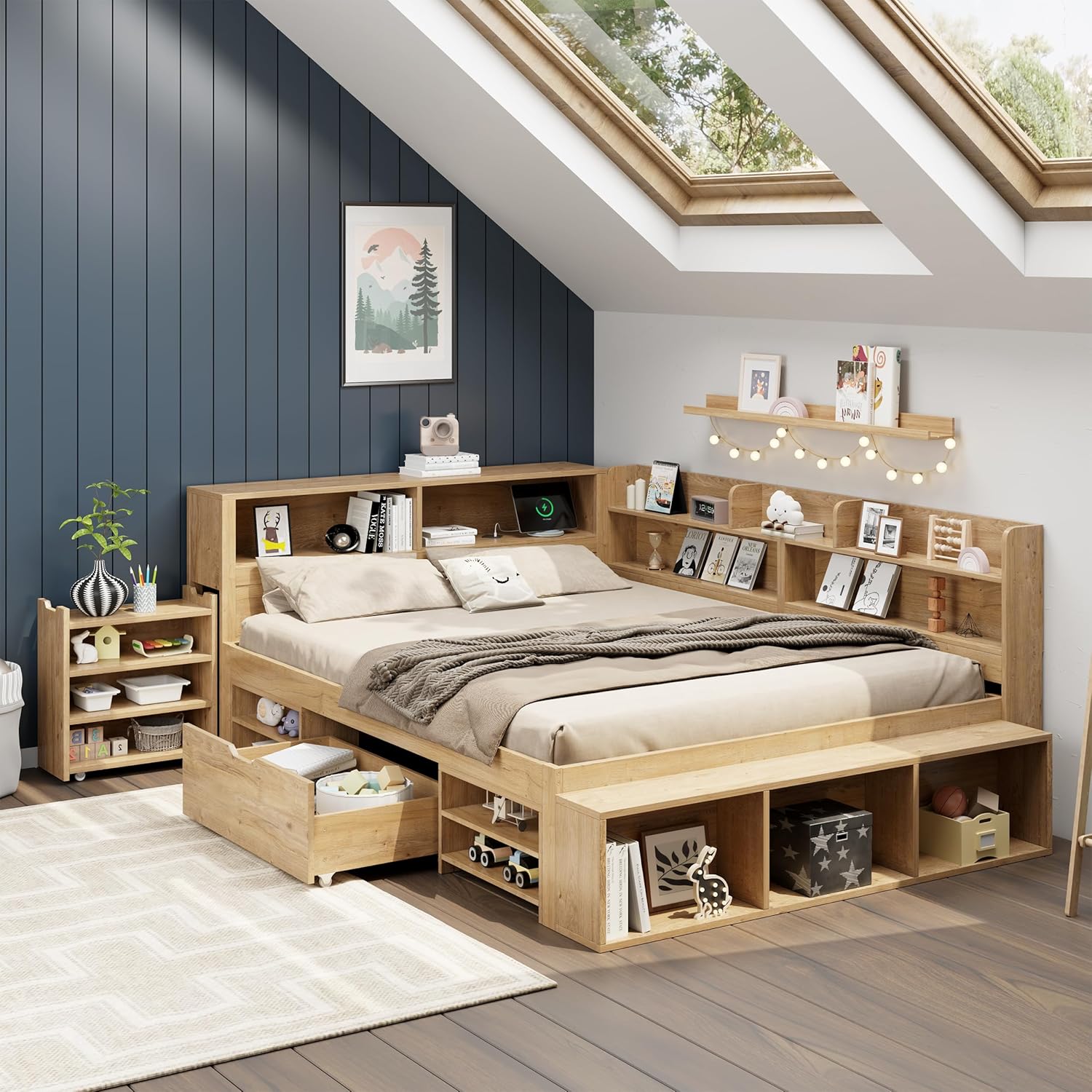 Merax Kinderbett 140x200 cm mit Stauraum, Einzelbett Funktionsbett Jugendbett mit Schubladen, Stauschrank, Bücherregal, Nachttisch, kabelloser Ladefunktion, Holzfarbe/254x159.5x91cm