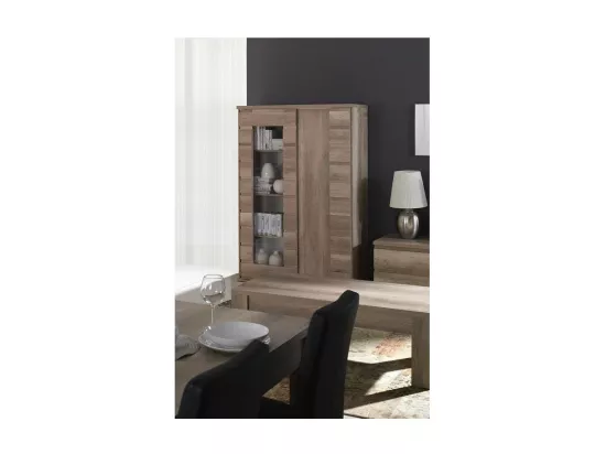 Vitrine 2 portes coulissantes ROMI avec porte vitrée - Coloris dab canyon - 120 x 180 x 55 cm
