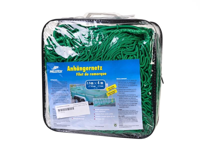 Meister Anhängernetz knotenlos, Ø 3 mm / 2.5 x 4 m, Grün Netz zur Ladungssicherung mit elastischem Seil