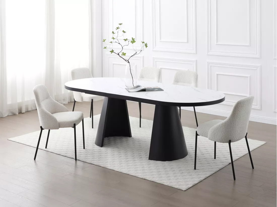 Table à manger extensible 6 à 10 personnes en MDF et métal - Effet marbre blanc et Noir - KORIZEA
