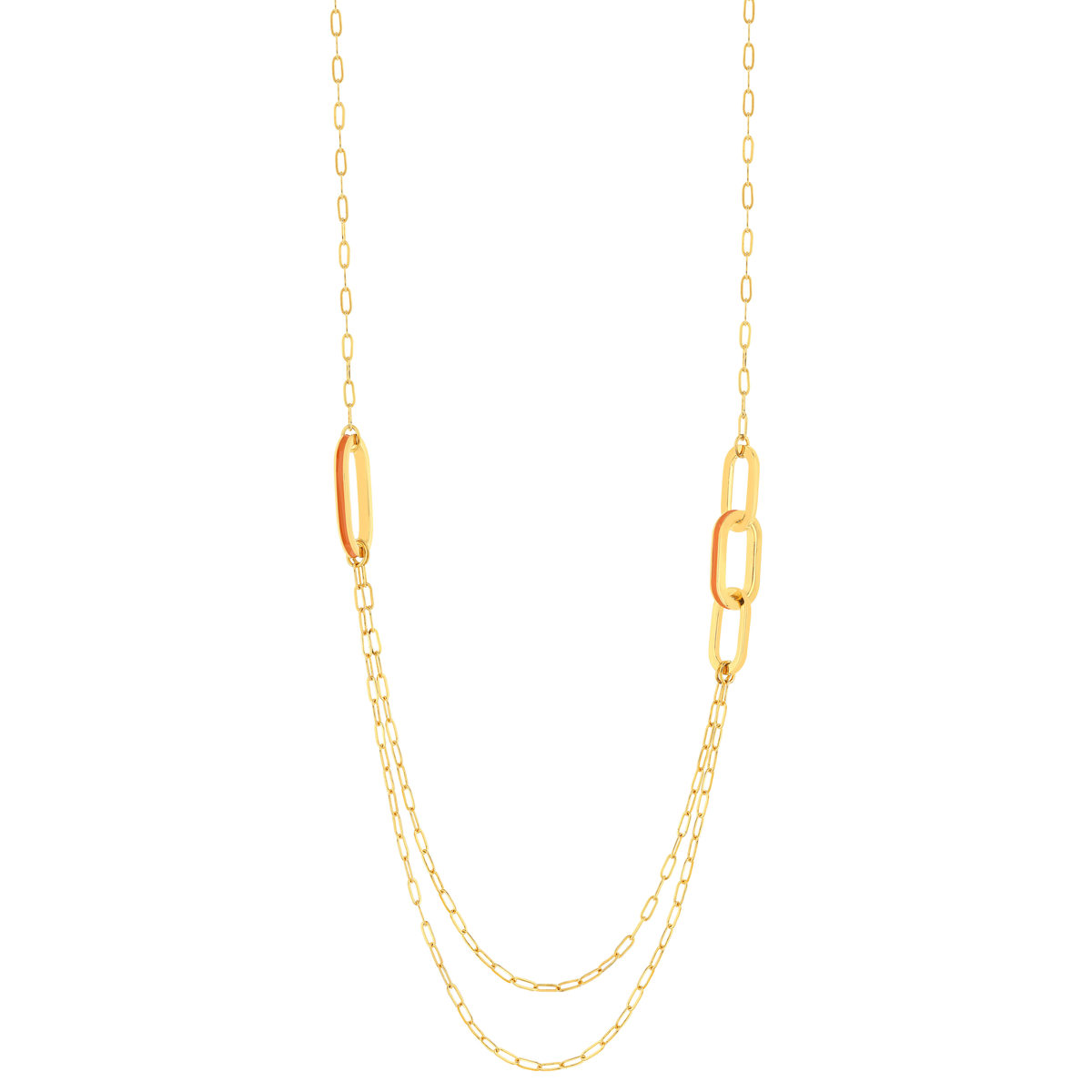 Collier plaqué or anneaux laque orange 70cm