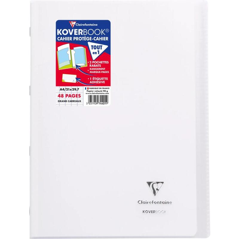 Cahier piqué Koverbook A4 48 pages grands carreaux couverture polypropylène transparent - Assortis