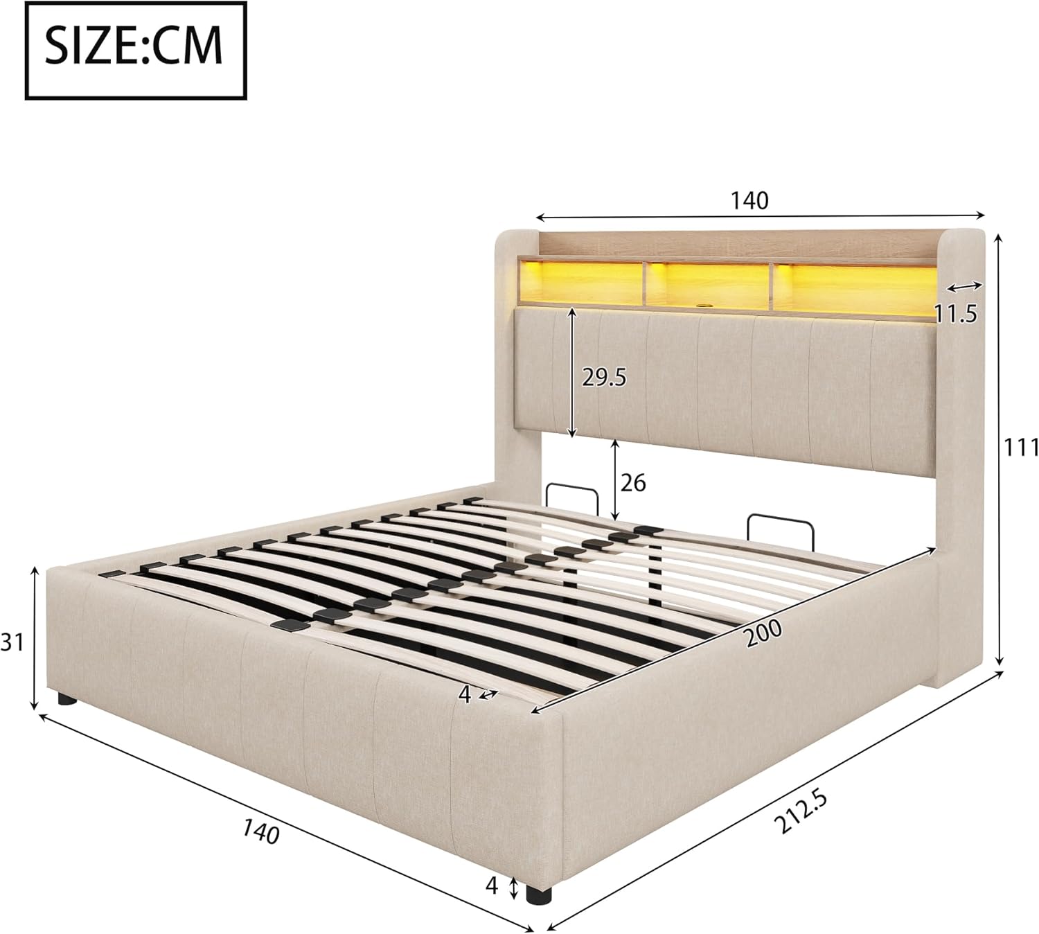 Ball & Cast Polsterbett (140x200cm) mit hydraulischem Stauraum, Doppelbett mit Beleuchtung und USB-Ladefunktion, Leinenstoff, Einfach & Zeitsparend Montierbar, Beige YD4357442