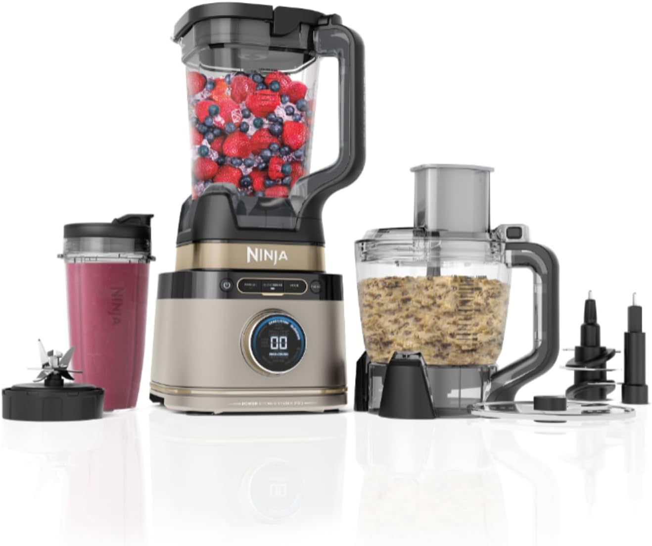 Ninja 3-in-1 Detect Power Blender Processor Pro, kraftvolle 1200W Küchenmaschine, Single Serve & Knethaken, 3x Single Serve Tassen, Krug, Teig, mischen & hacken, Stone Gold, TB401EUSTGD
