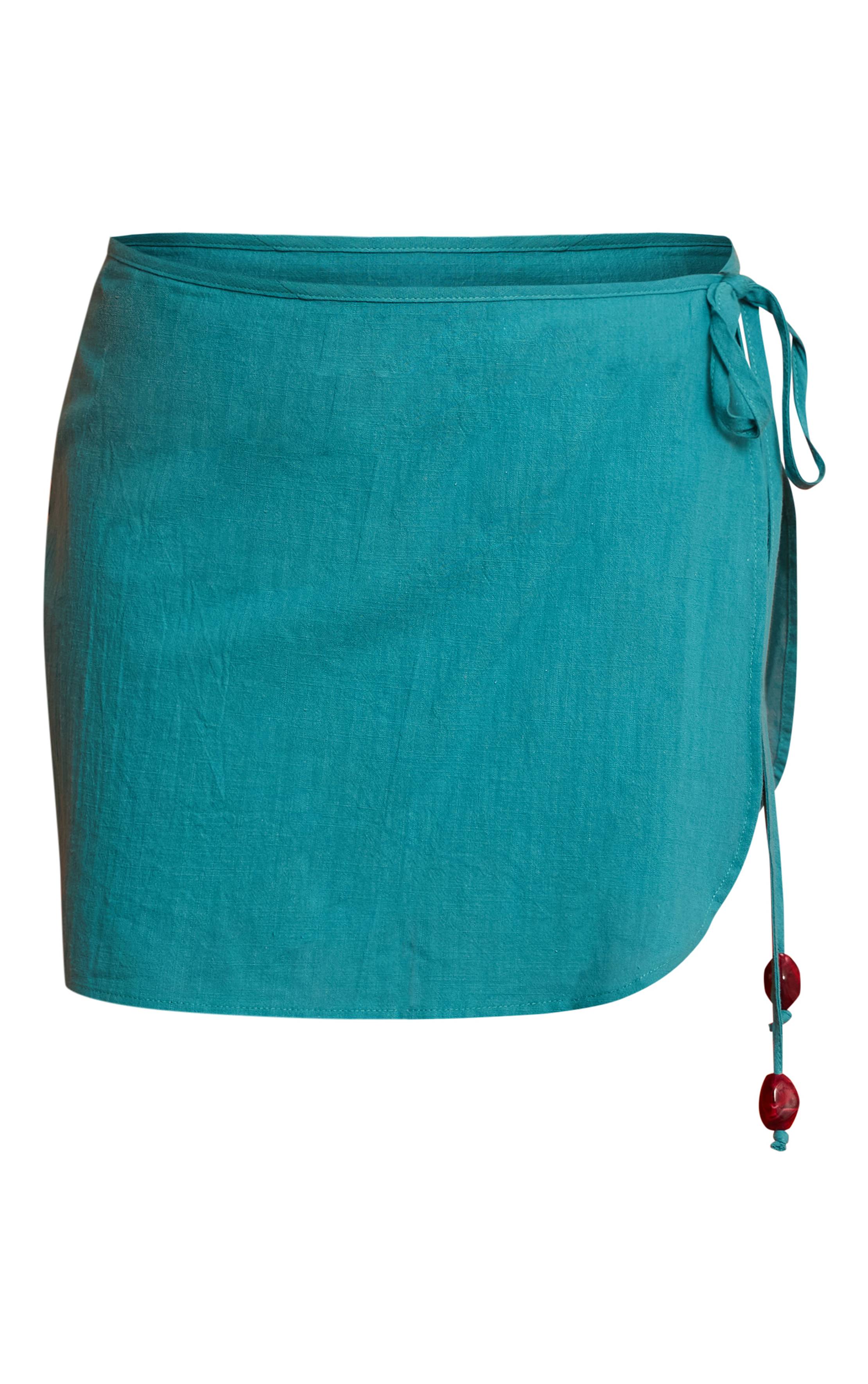 Vert Turquoise Paréo Aspect Lin Avec Bordure De Perles