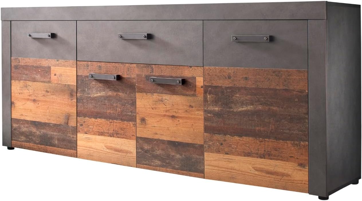 trendteam smart living - Indy - Kommode - Eiche/Grau - Sideboard mit 4 Türen, 1 Schublade und 5 Einlegeböden - (BxHxT) 178 x 76 x 40 cm - antikfarbene Griffe