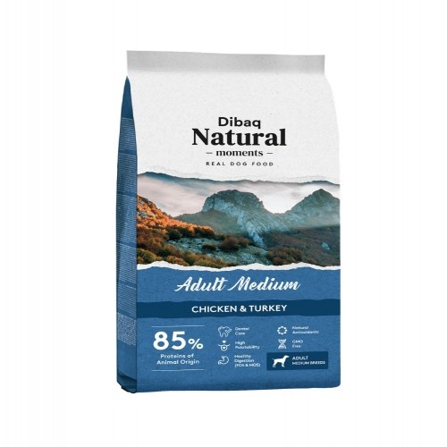 Ração Dibaq Natural Moments para cães adultos de porte médio, sabor frango e peru.
