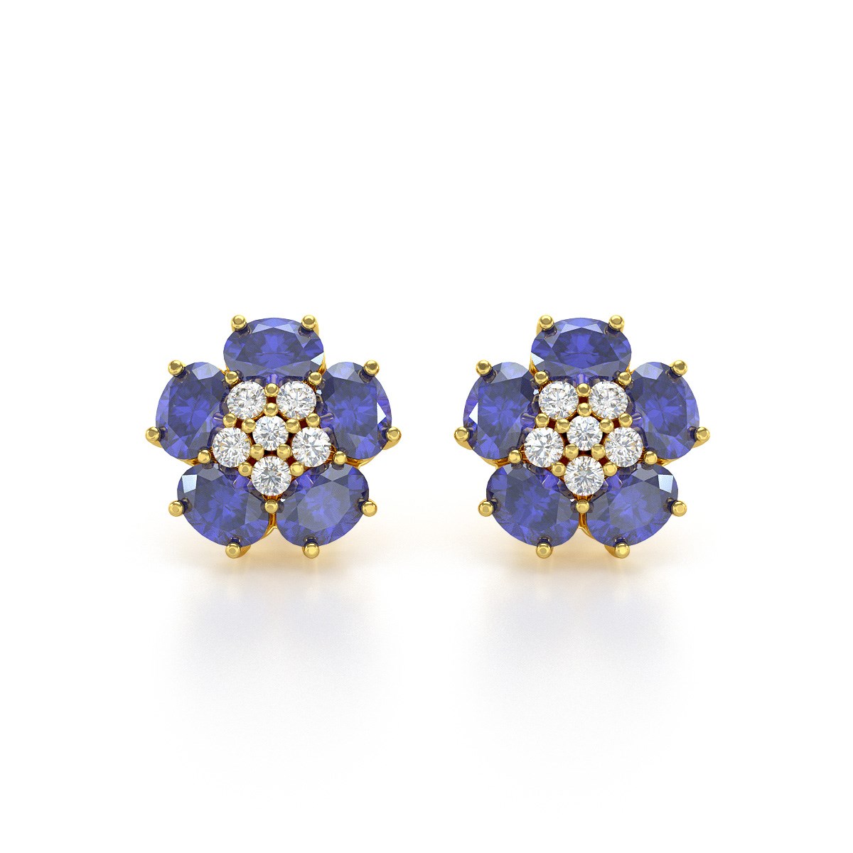 Boucles d'oreilles ADEN Or 585 Jaune Tanzanite Fleur et Diamants 2.86grs