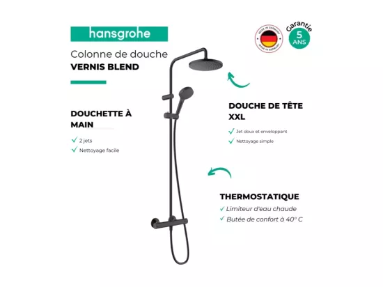 Colonne de douche thermostatique HANSGROHE Vernis Blend 200 noir mat + tablette AddStoris