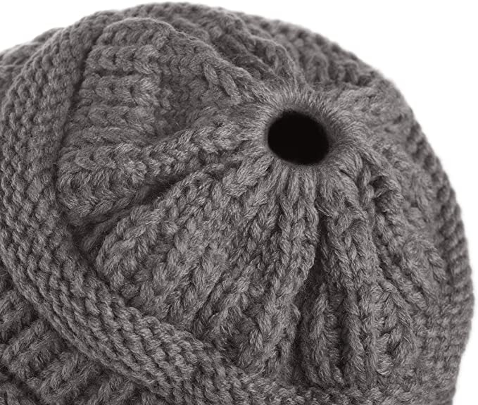Damen Strickmütze mit Zopfloch Winter Mütze für Pferdeschwanz   Zöpfe (One Size) - Dunkelgrau