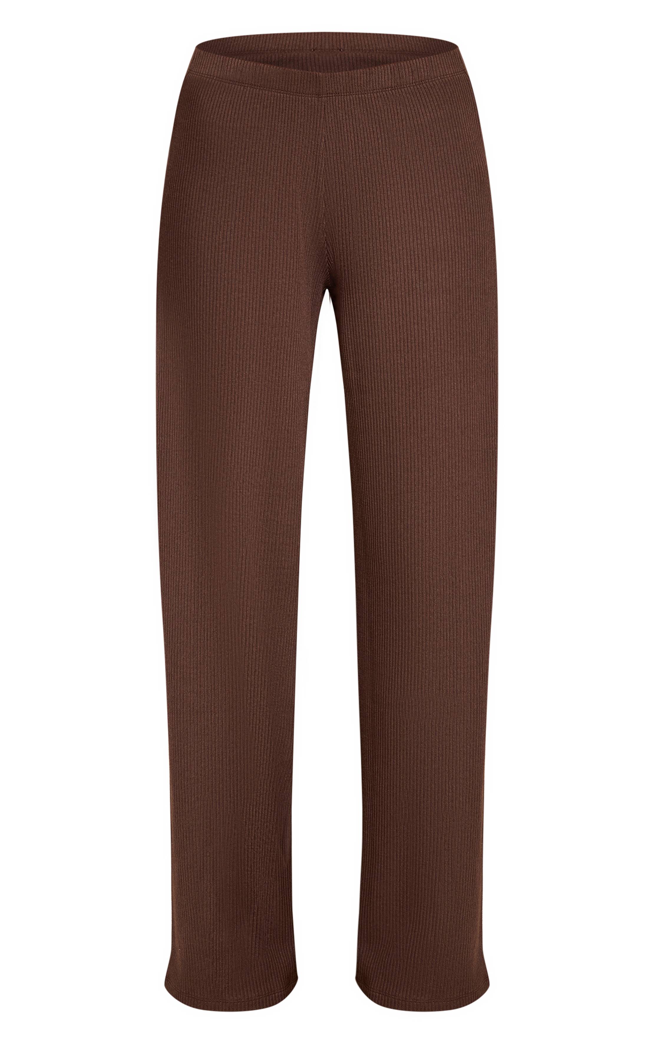 Marron Foncé Pantalon Droit À Grosses Côtes Avec Taille Élastiquée