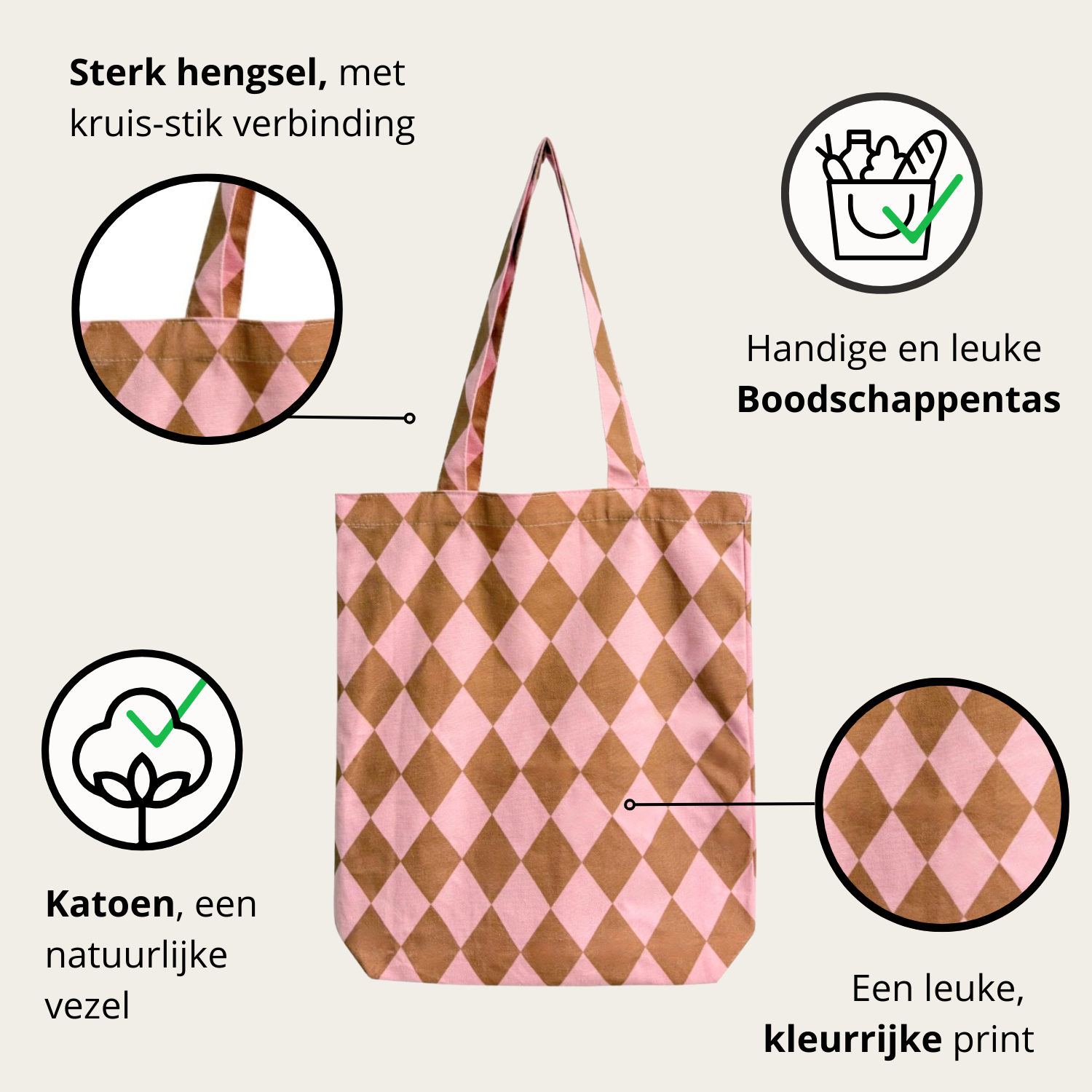 Tas Katoen diamond/pink cappuccino
