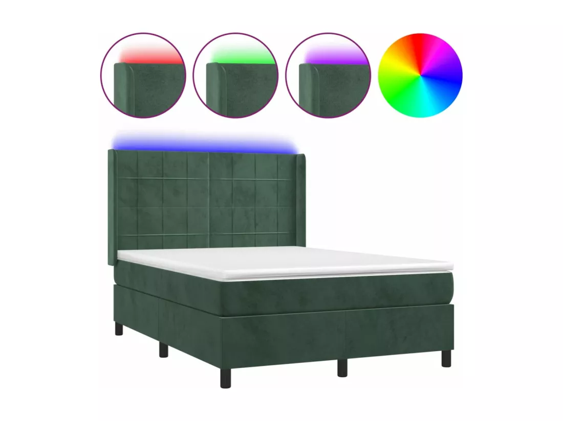 Sommier tapissier matelas et LED Vert foncé 140x200 cm Velours