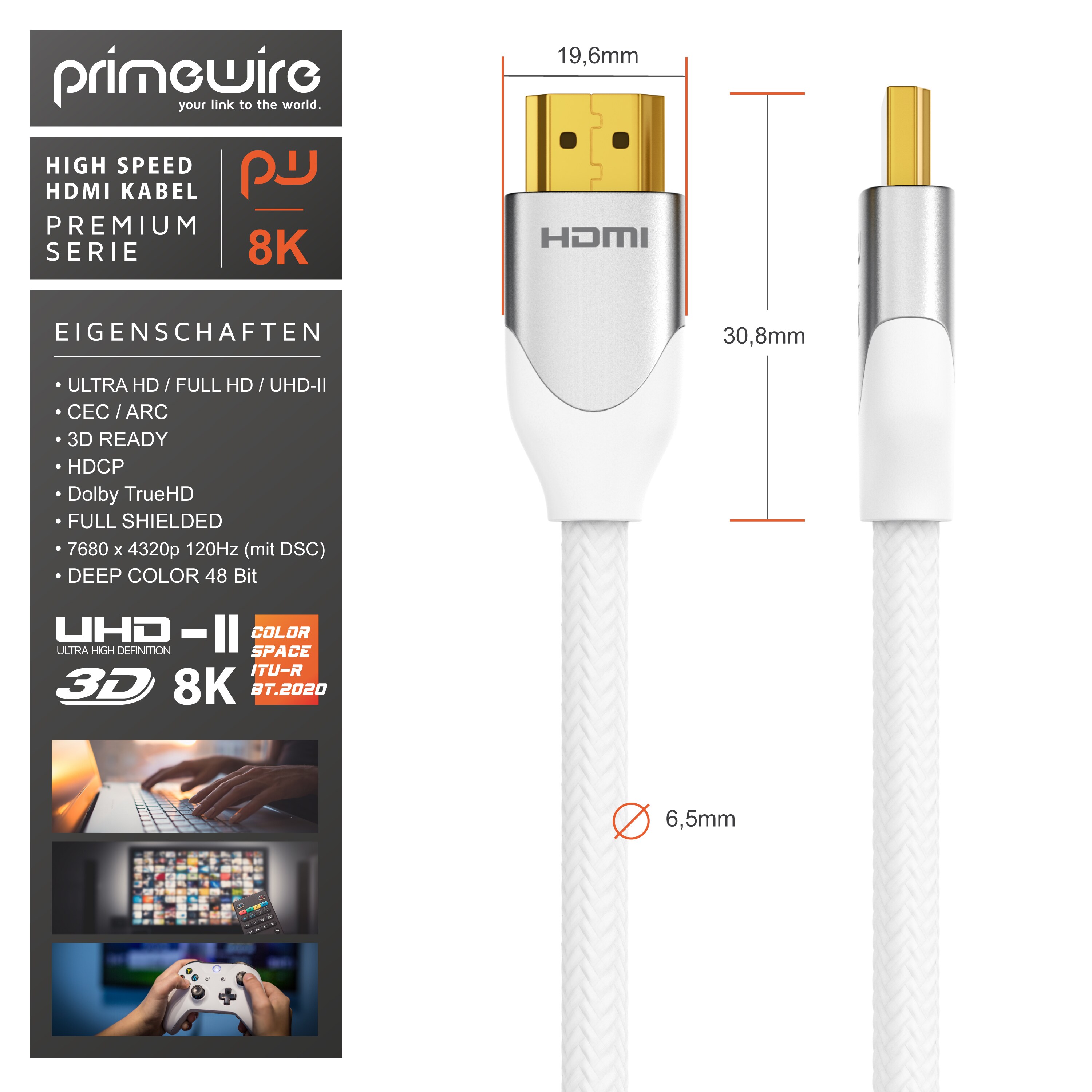 Primewire 8K Premium HDMI Kabel 2.1 mit Nylonummantelung, 7680 x 4320 @ 120 Hz mit DSC - 3m