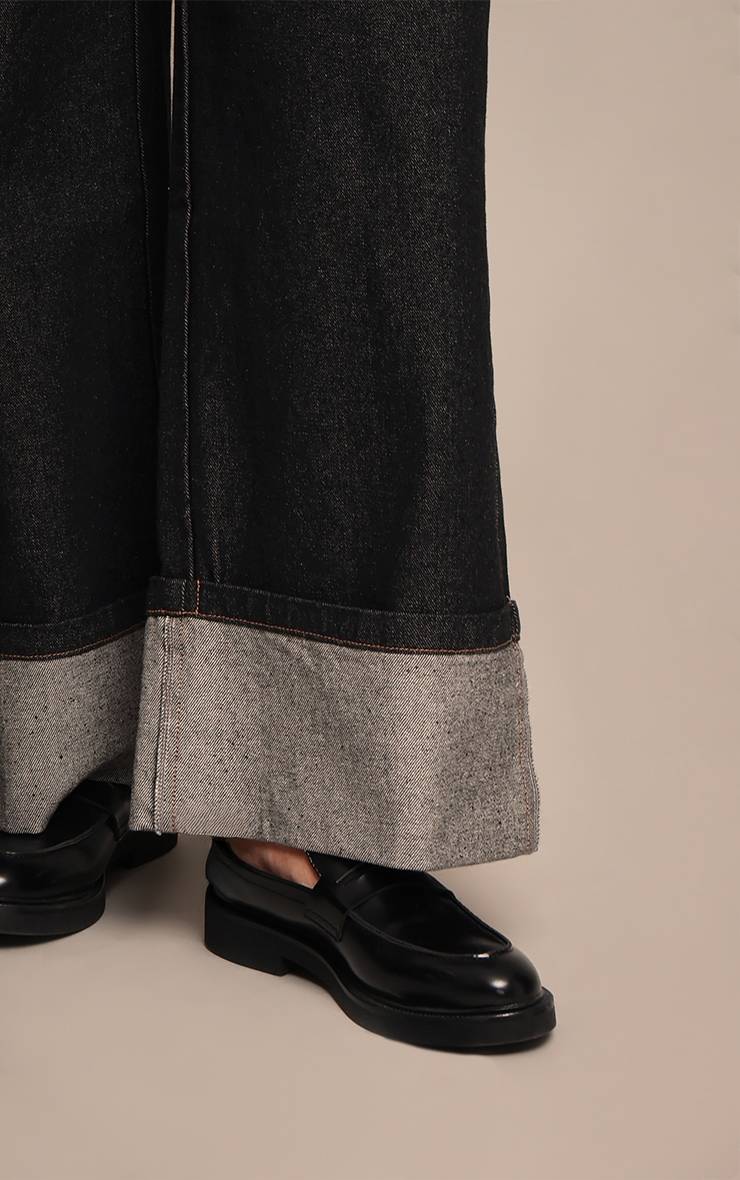 Bleu Indigo Jean Grande Taille Jambe Large Brut Ourlet Retroussé Surpiqûres Contrastées