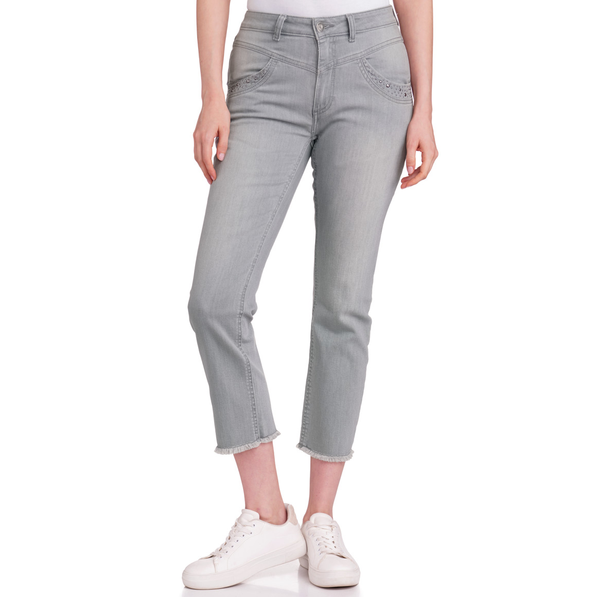 Gina Damen Straight-Jeans mit Nieten-Besatz hellgrau