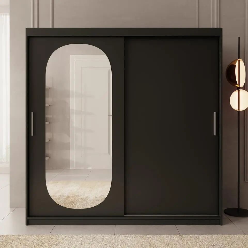 Meubella - Kledingkast Bodhi - Zwart - 200 cm - Met spiegel