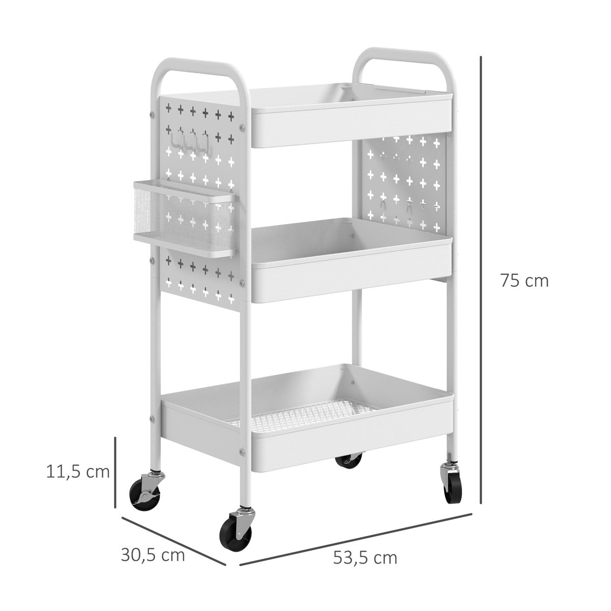 HOMCOM Rolwagen, Serveerwagen met 3 Planken, 2 Hangmanden, Opbergwagen met Handvat, Keukenwagen, Bijzettafel voor Keuken, Woonkamer, Staal, Wit