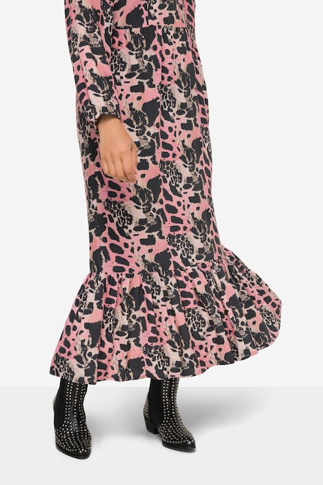 Maxikleid, A-Linie, Animal-Mustermix, Tunika-Ausschnitt, Langarm