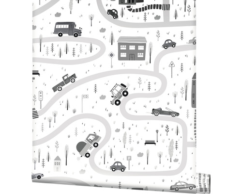 Vliesbehang 45846 Kids Walls Cars Street grijs wit