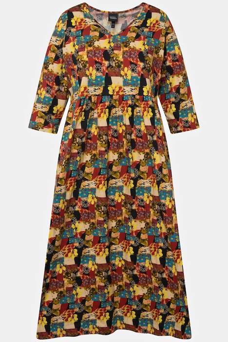 Jerseykleid, A-Line, Allover Druck, Taschen, V-Ausschnitt, 3/4-Arm