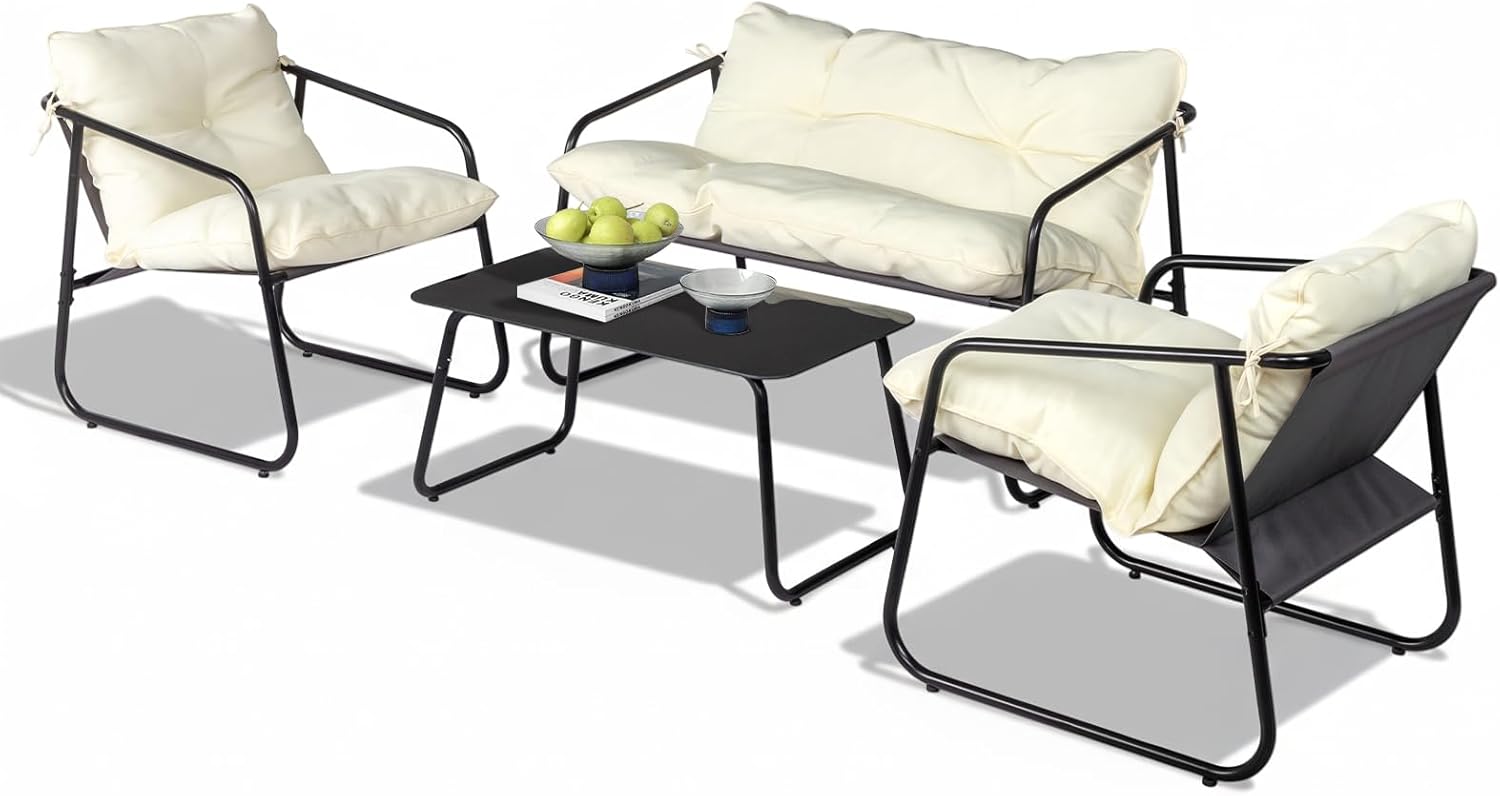 Bonnlo Gartenmöbel Set 4 teilig, Balkonmöbel Set mit für 4 Personen (3 Stühle und 1 kleinen Tisch), Terrassenmöbel für Veranda, Garten, Poolbereich, Balkon oder Hinterhof,Grau/Weiß (Weiß)
