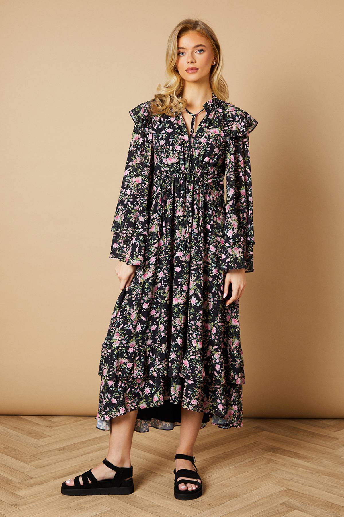 Oasis Robe Midi à Imprimé Floral avec Taille à Cordon