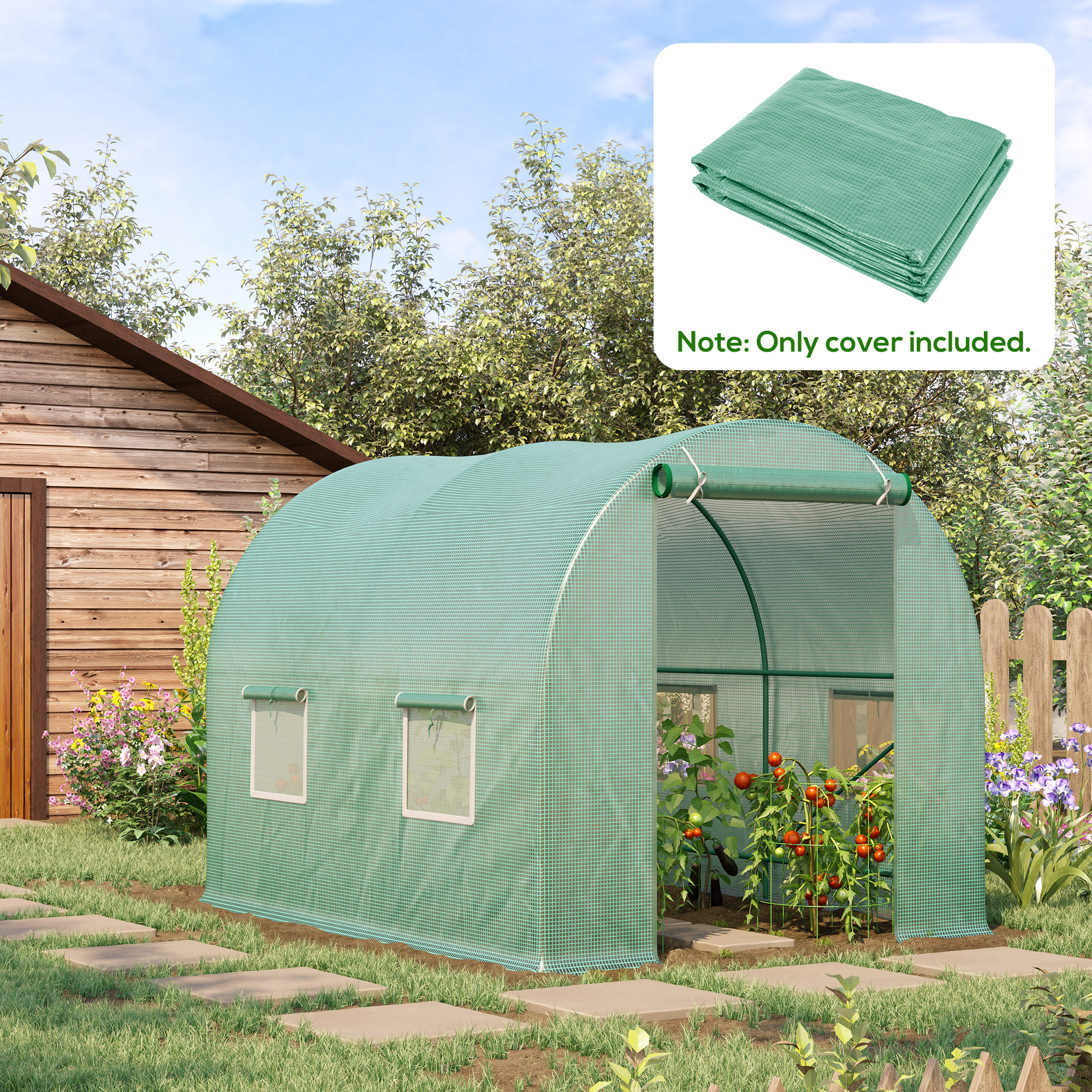 Cobertura de substituição para estufa túnel Outsunny 250x200x200 cm, em polietileno, com 4 janelas e porta de enrolar, para proteção de plantas e jardins.