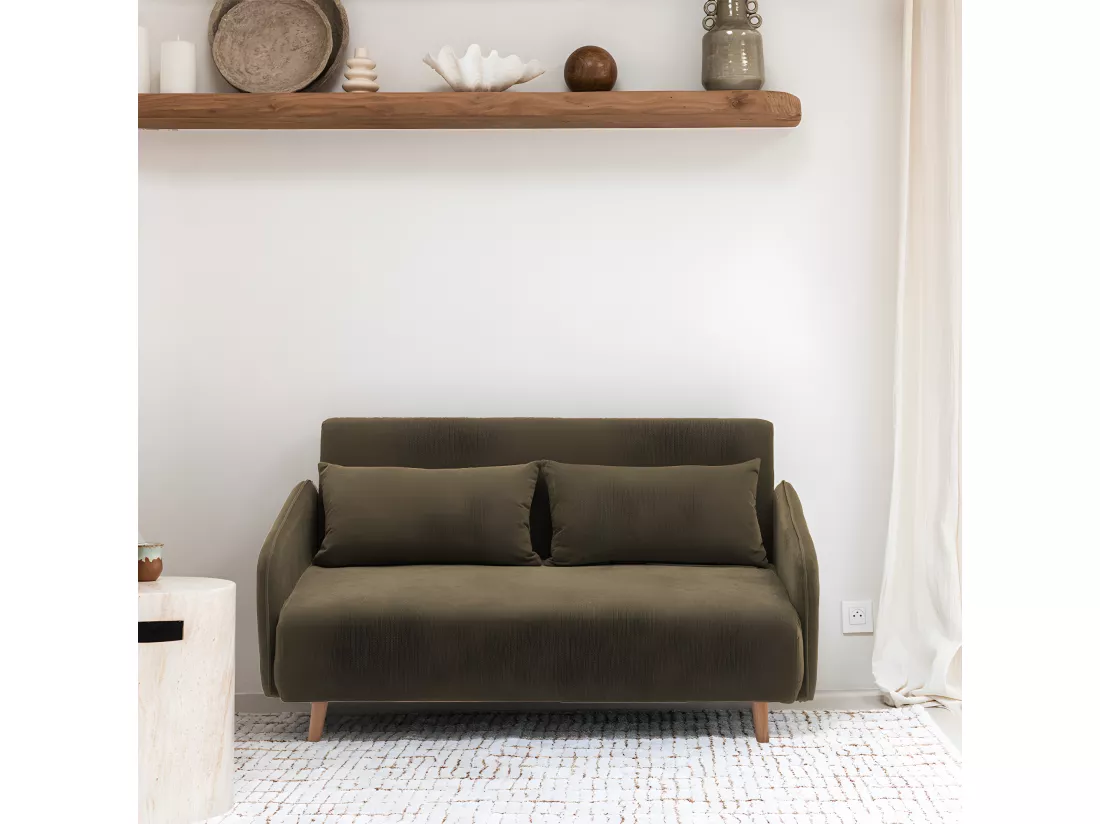 Monica - Canapé convertible 2 places en tissu chenille L140cm - Vert kaki