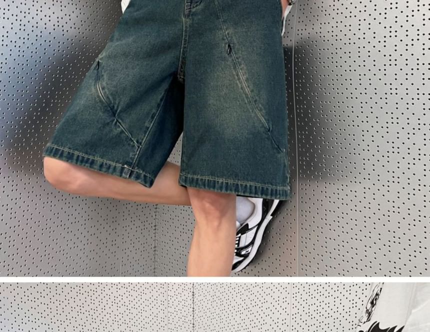 Phoneus - Mid Rise Washed Panel Denim Shorts