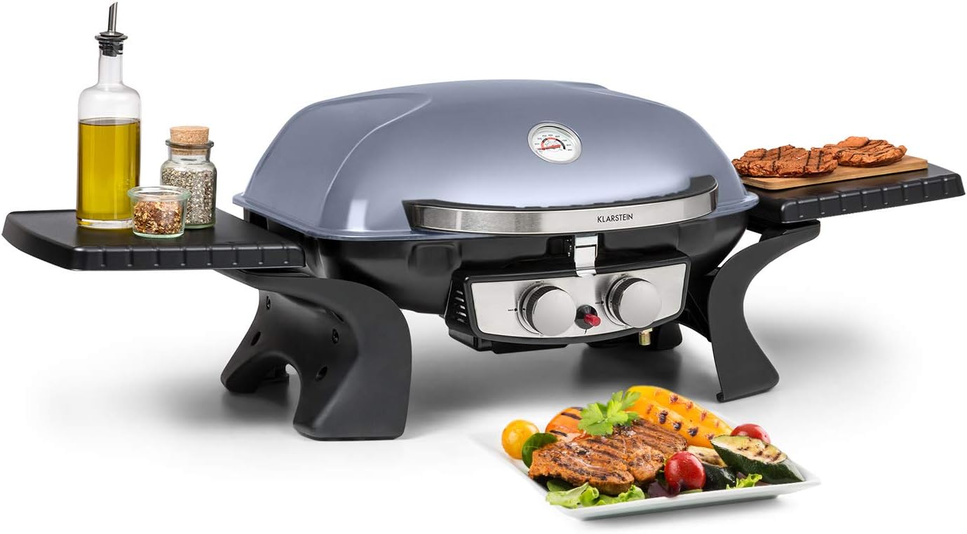 Klarstein Parforce Duo Gasgrill BBQ-Gasbrenner (4,4 kW, 2 x Brenner, Gastyp: Butan/Propan, Verbrauch: 363 g/h, 15000 BTU, 300 °C, elektrische Zündung, abnehmbare Seitenteile, Deckel) grau