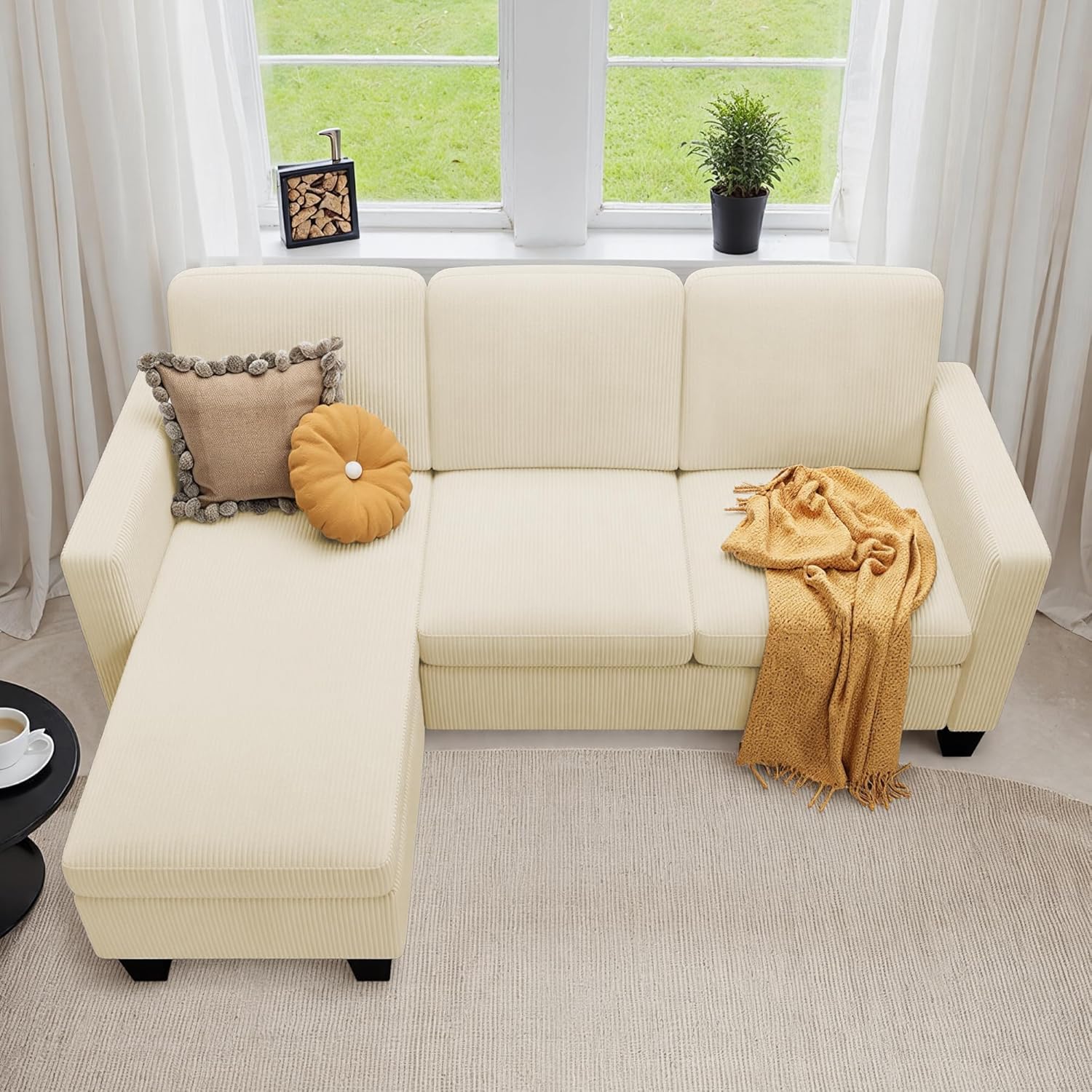 Xbro Ecksofa L-Form 3-Sitzer mit beweglichem Fußhocker, kleines Ecksofa aus weichem Cordstoff, 188 × 136,5 × 89 cm, Beige