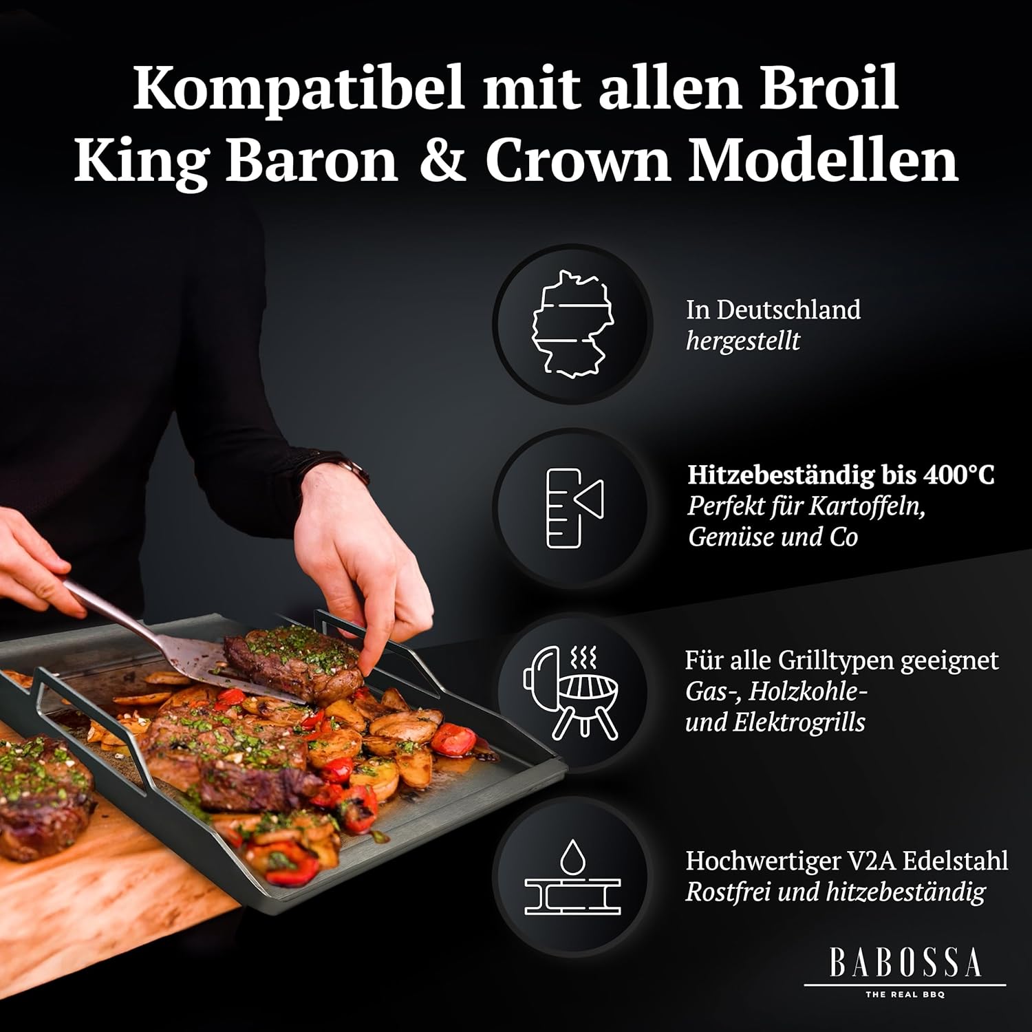 BABOSSA Grill Plancha aus V2A Edelstahl – Erstklassige Verarbeitung & perfekte Hitzeverteilung – kompatibel mit allen Broil King Baron & Crown Modellen – Teppanyaki Platte 100% Made in Germany