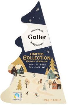 Feestelijke doos met chocolade rawetes en repen Galler Christmas Tree, 18 st.