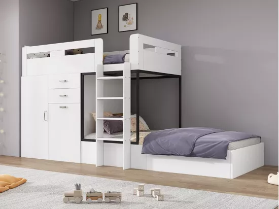 Lit superposé multifonctionnel - 2x90x200 cm- avec armoire et un bureau coulissant - Blanc (sans matelas)