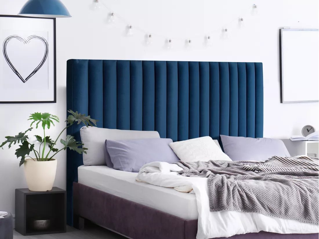 Tête de lit coutures verticales SARAH - 150 cm - Velours - Bleu nuit