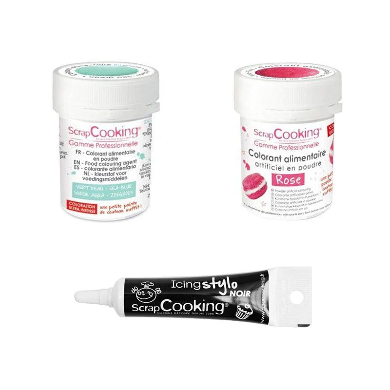 2 colorants alimentaires rose-vert d'eau + Stylo glaçage noir Scrapcoo