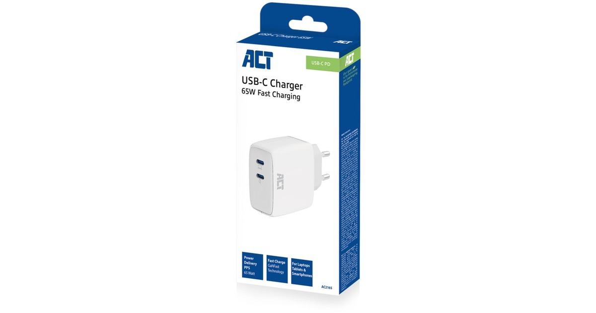 ACT ConnectivityUSB-C Lader 65W 2-port met Power Delivery PPS en GaNFast  (Wit)
